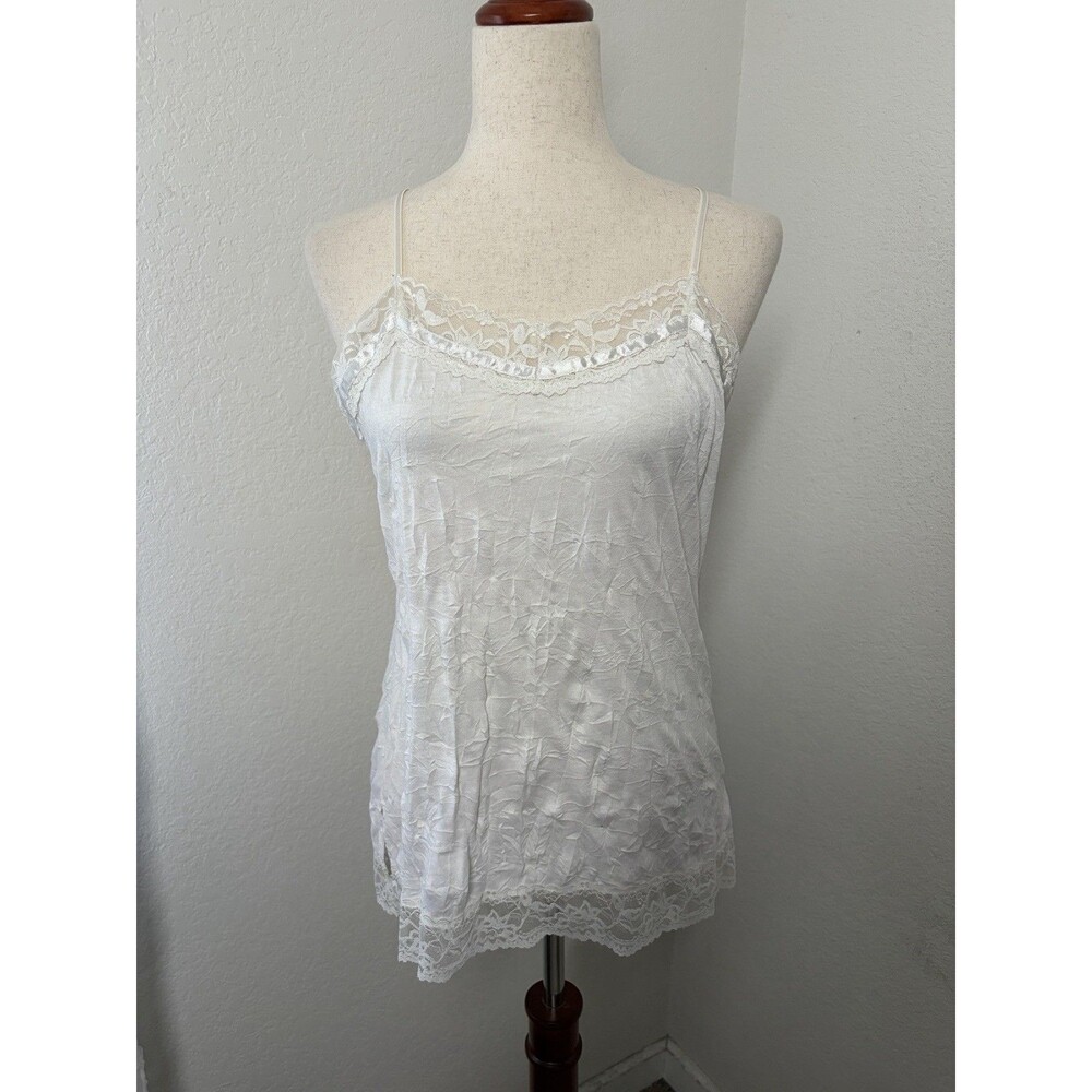 Y2K Women's L White Lace Trim Long Cami Tank Layering Coquette Romantic Classic